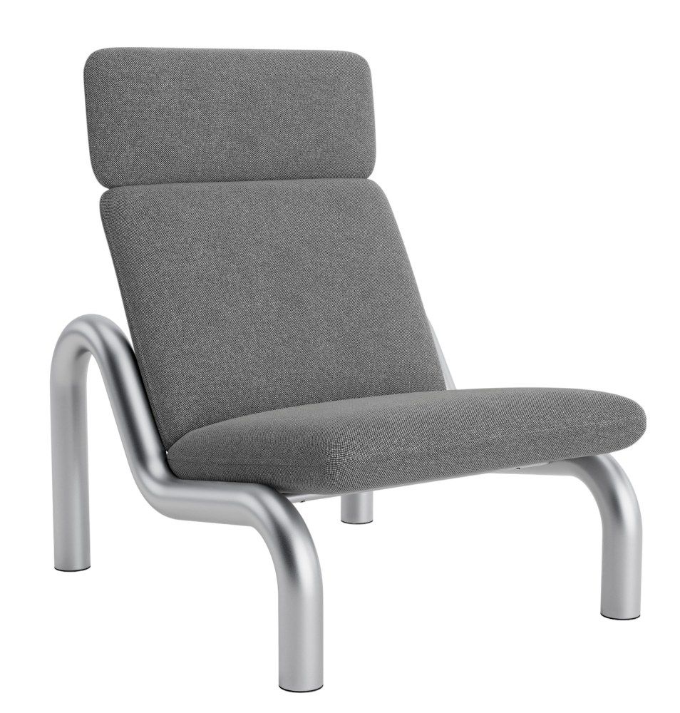 Grauer Tube Lounge Chair Sessel von Normann Copenhagen mit silberfarbenem Metallgestell, seitliche Perspektive.