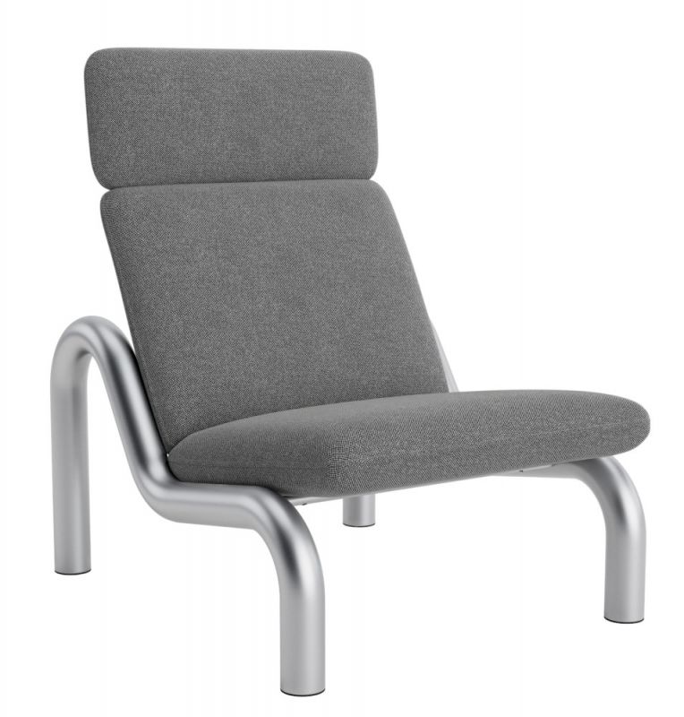 Grauer Tube Lounge Chair Sessel von Normann Copenhagen mit silberfarbenem Metallgestell, seitliche Perspektive.