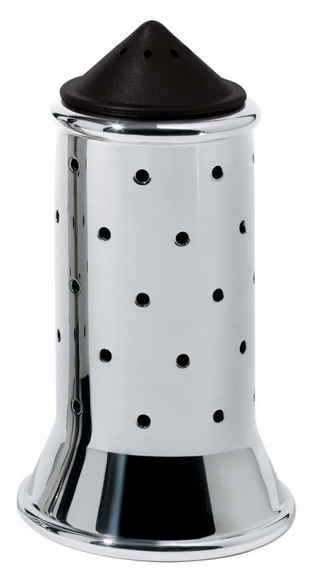 MGSAL Salzstreuer von Alessi aus poliertem Edelstahl mit schwarzem Deckel und Löchern.