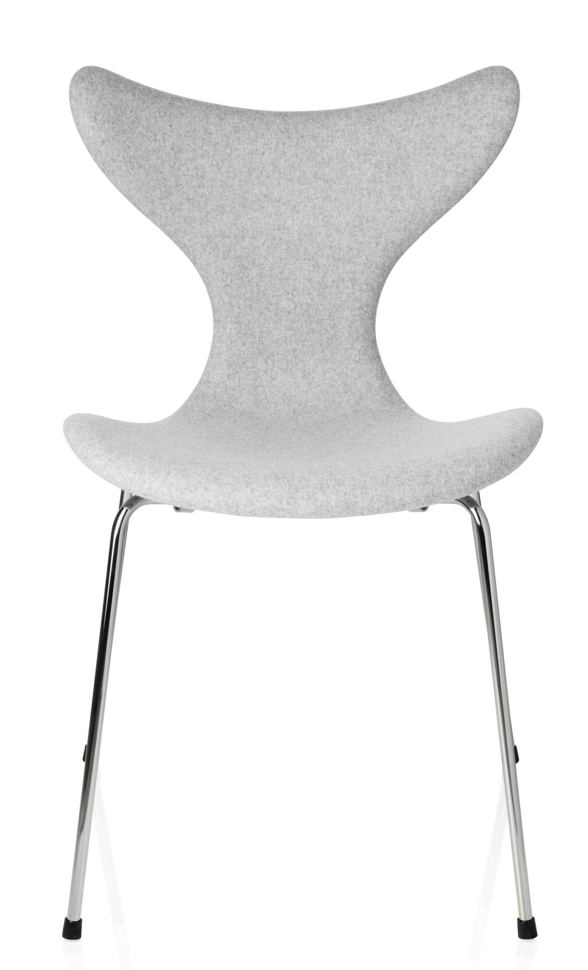 Grauer Lily Stuhl mit Chromgestell, ein Designklassiker von Fritz Hansen. Moderner Stuhl für Esszimmer und Büro.