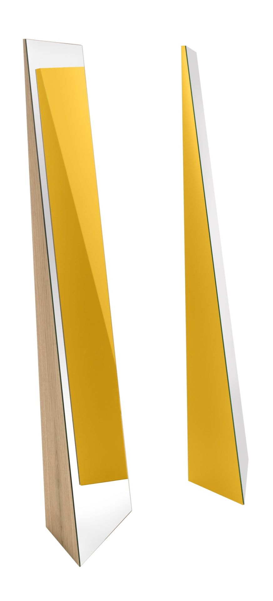 Schönbuch Beam Standspiegel: Moderner, gelber Spiegel mit Holzrahmen und Glas, freistehend für Flur oder Schlafzimmer.