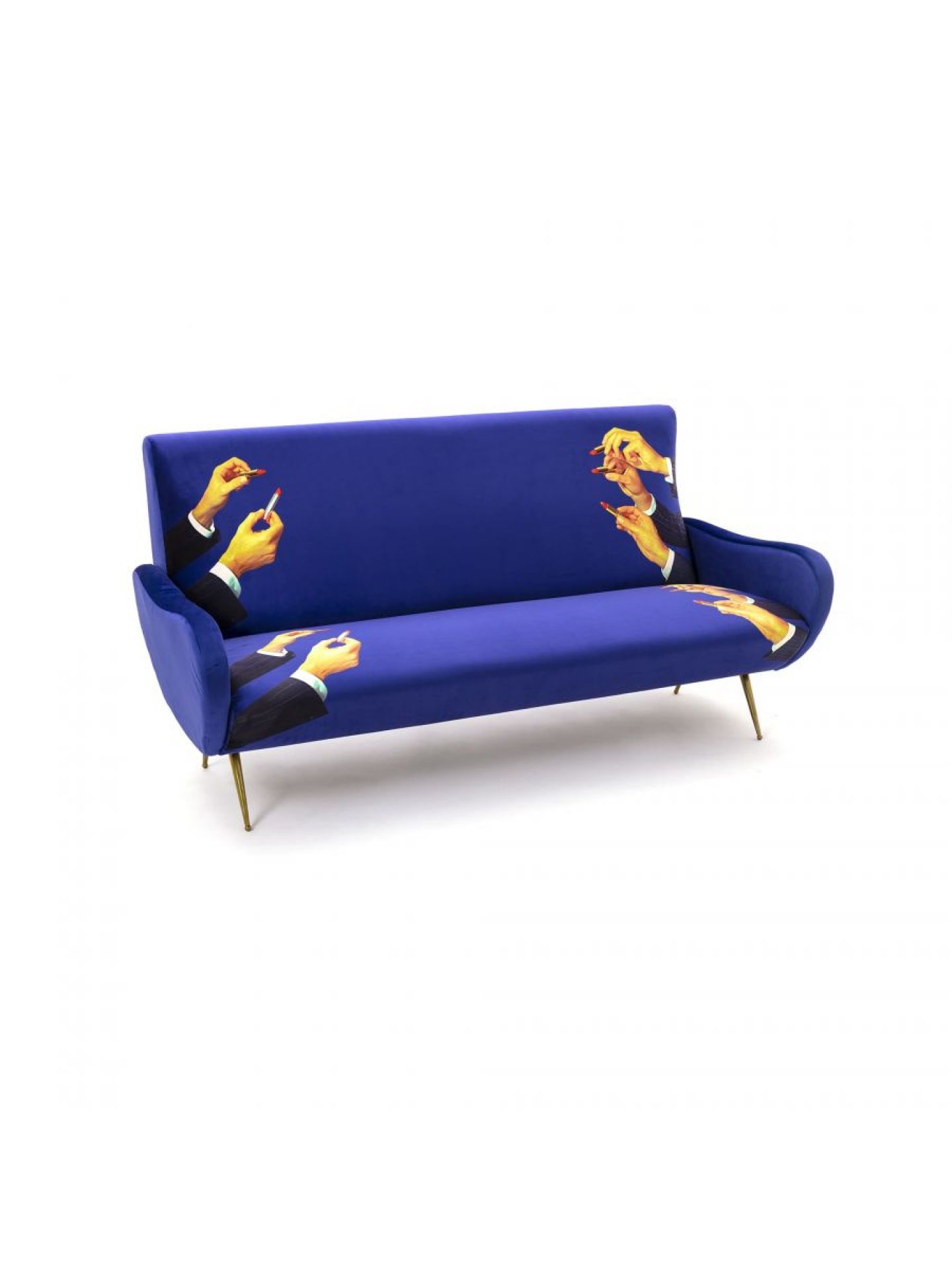Toiletpaper 3-Sitzer-Sofa von Seletti in Blau mit Händen, die Zigaretten und Lippenstift halten.