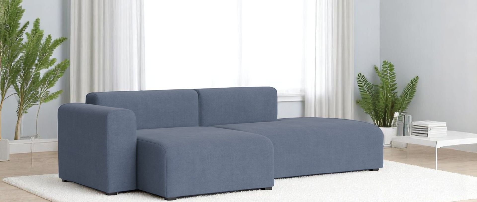 Mags Sofa in warmgrauem Maglia Stoff mit Armlehne links, modernes Wohnzimmer Sofa.