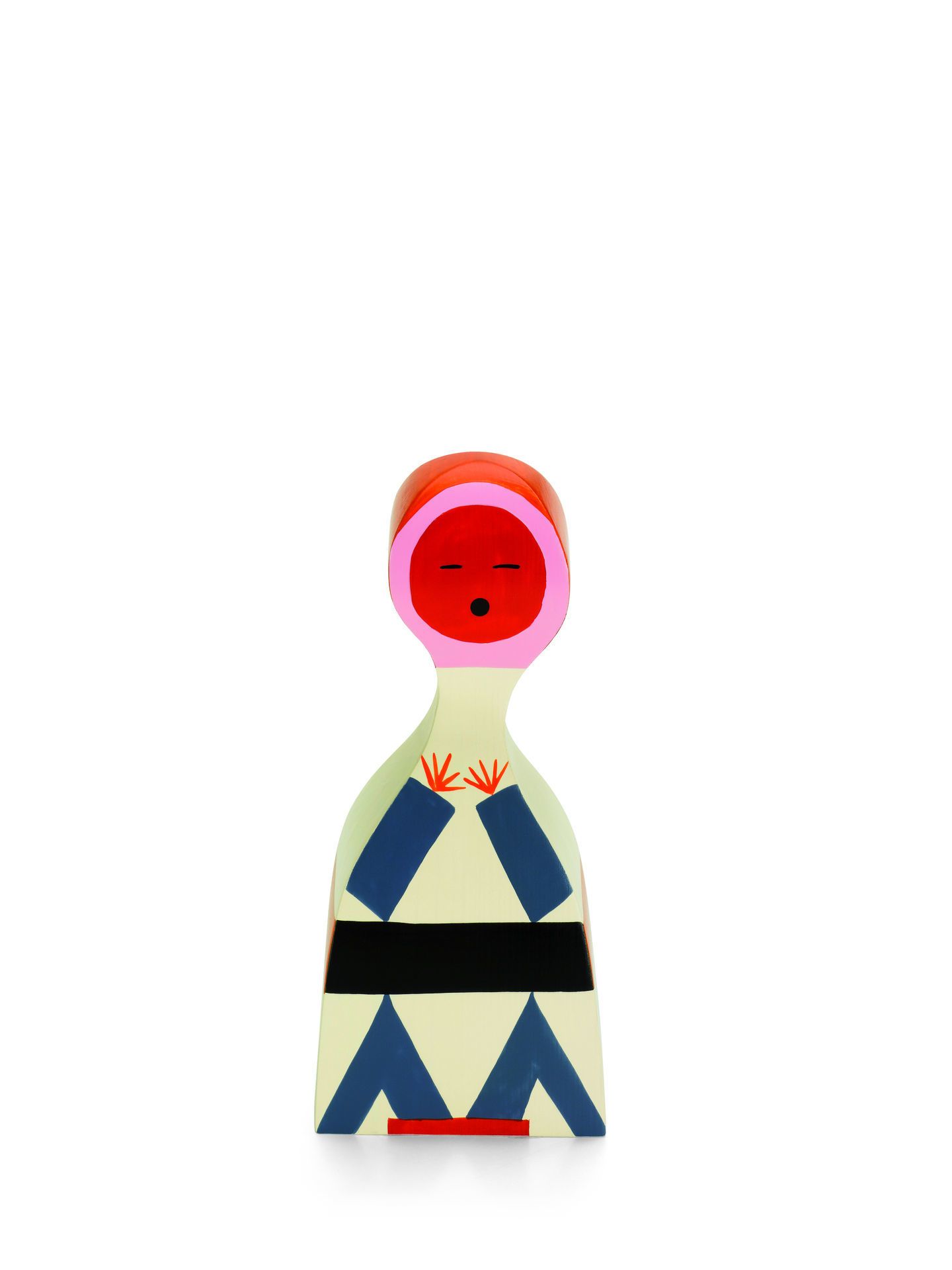 Vitra Wooden Doll No. 18, dekorative Holzfigur mit rotem Kopf und geometrischen Mustern.