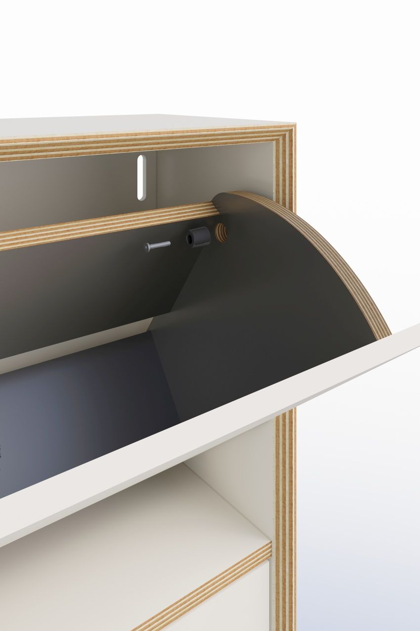 Detailaufnahme des Vertiko Schuhschranks von Müller Möbelwerkstätten, der Innenraum und die Klappmechanik zeigt.