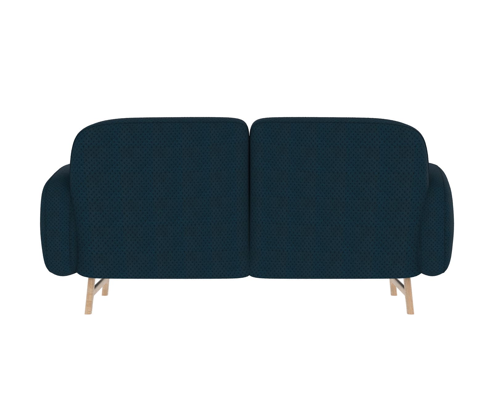 Rückansicht des blauen Hartô Auguste 2-Sitzer Sofas mit hellen Holzbeinen. Modernes Design.