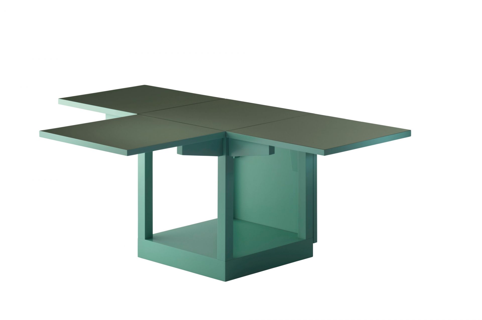 K10N Klapptisch in Grün, Bauhaus Design, mit ausgeklappter Tischplatte und Rollen.