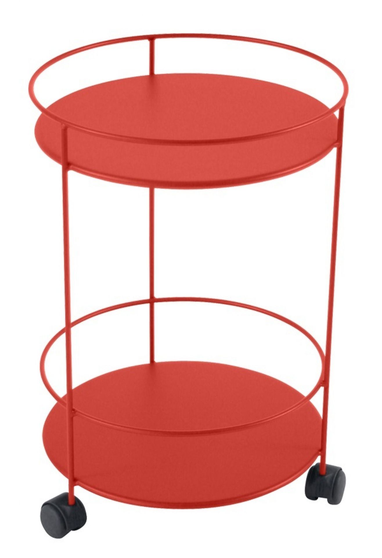 Roter Guinguette Beistelltisch von Fermob auf Rollen für den Garten oder Balkon.