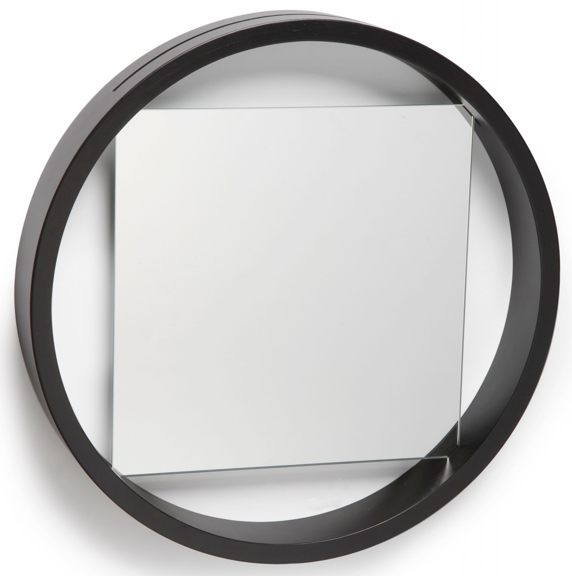 Benno Mirror Spiegel mit schwarzem, rundem Rahmen und quadratischer Spiegelfläche. Moderner Wandspiegel für stilvolle Raumgestaltung.