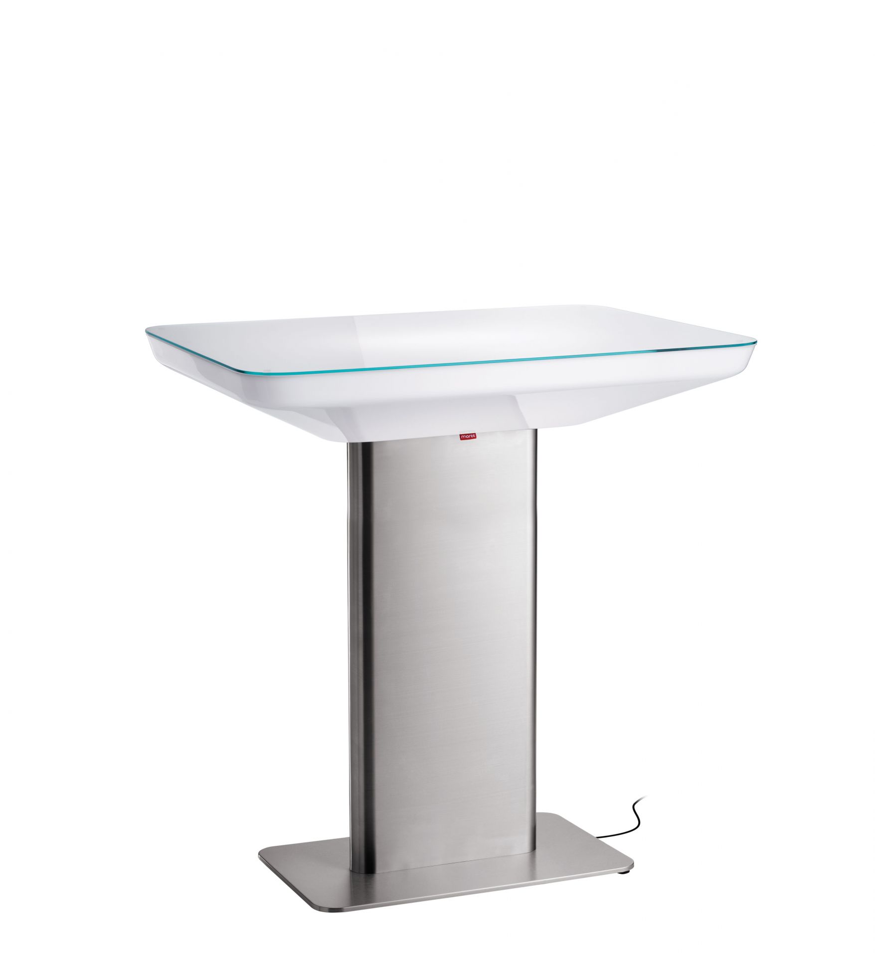 Studio 105 Stehtisch von Moree: Moderner Outdoor Stehtisch mit weißer Tischplatte und Edelstahlfuß.