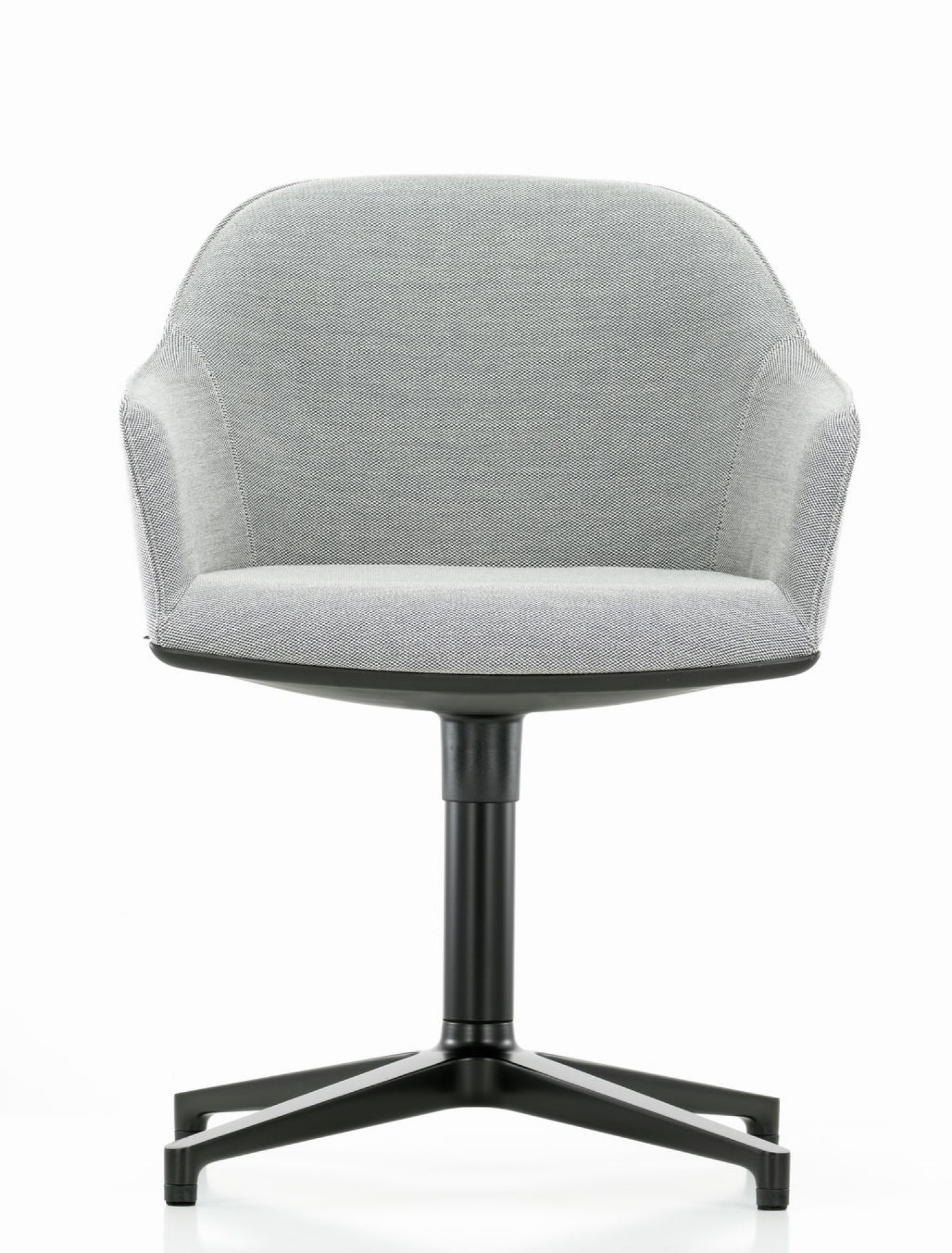 Grauer Softshell Chair von Vitra mit schwarzem Viersternfuß, Ansicht von vorne. Bürostuhl und Designklassiker.