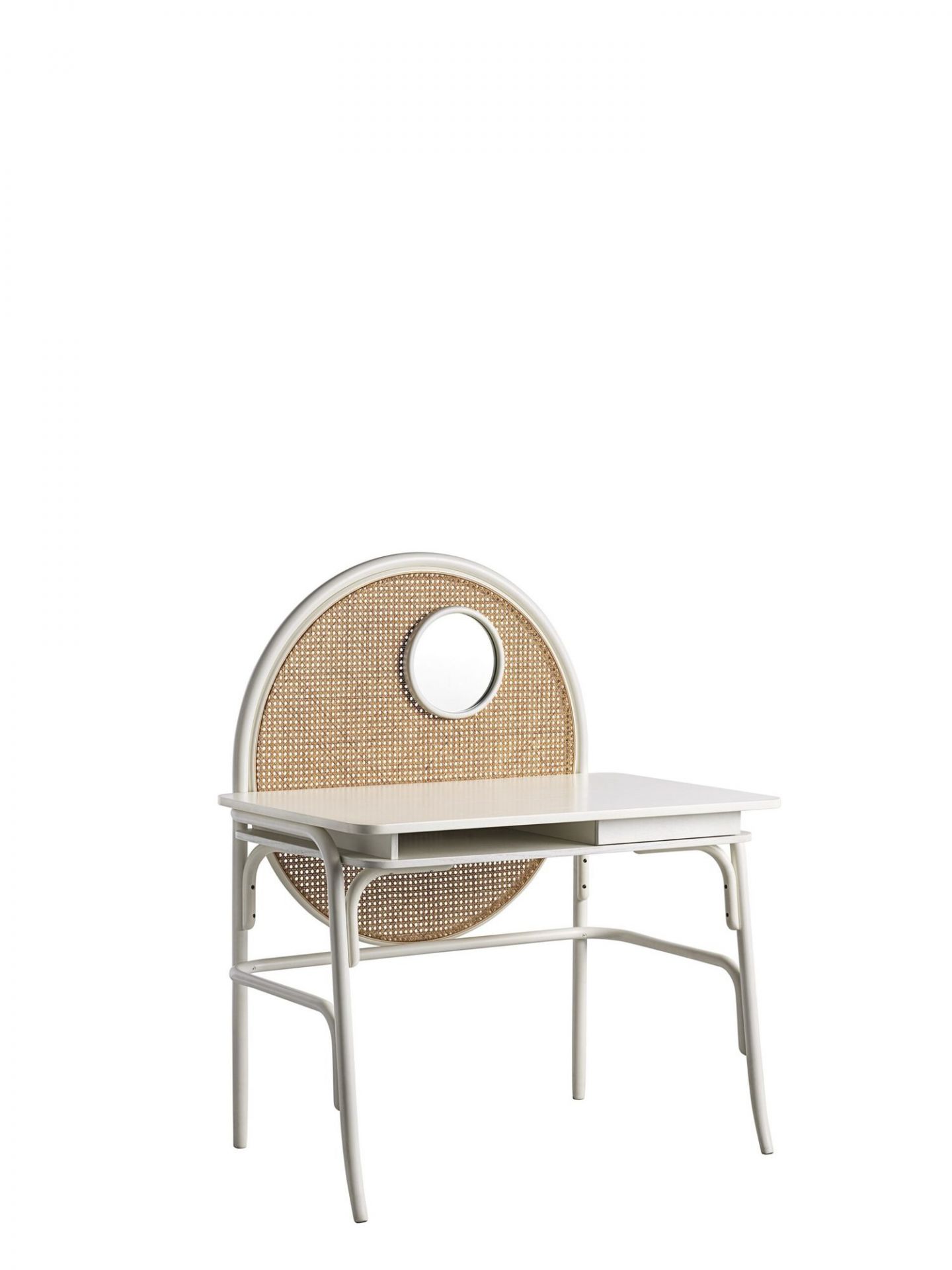 Weißer Allegory Schreibtisch mit Schublade und Wiener Geflecht, Designmöbel für Büro und Arbeitszimmer.