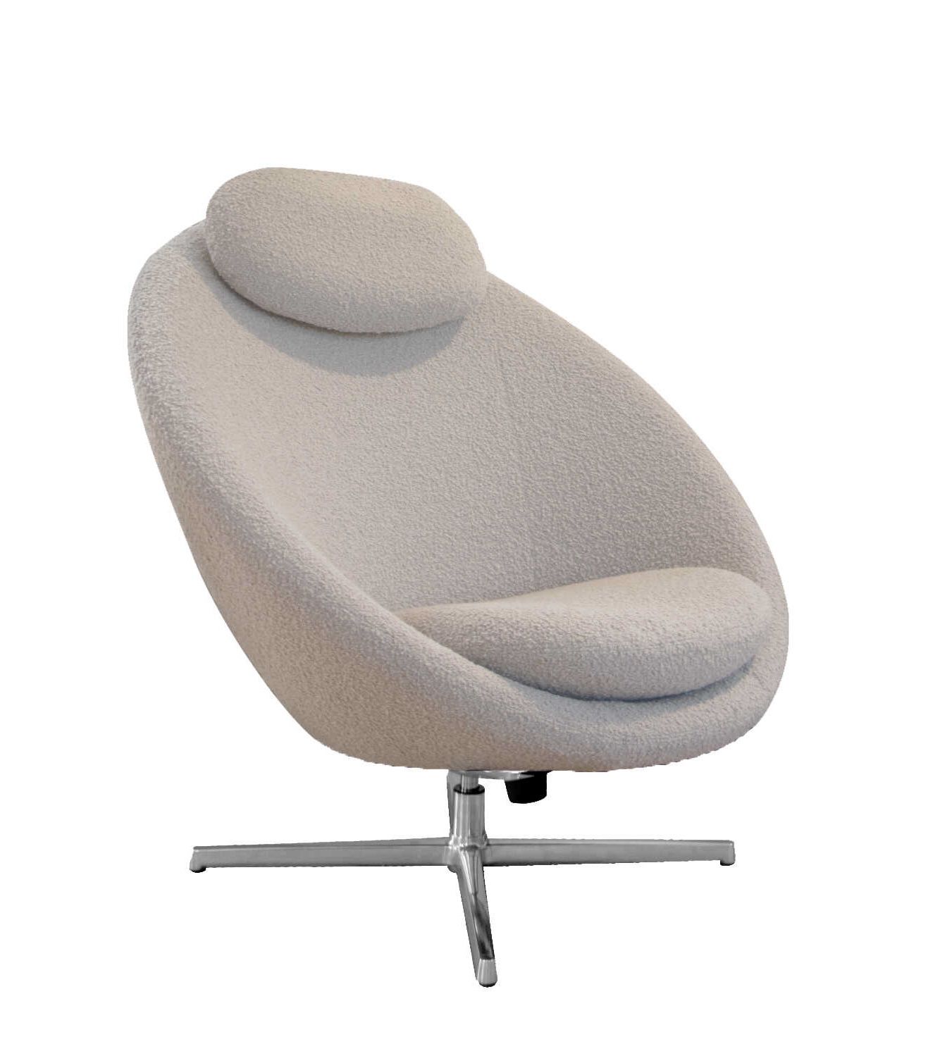 Pace Loungesessel von Cane-Line, drehbar, mit weichem, beigem Stoffbezug und Kopfstütze.