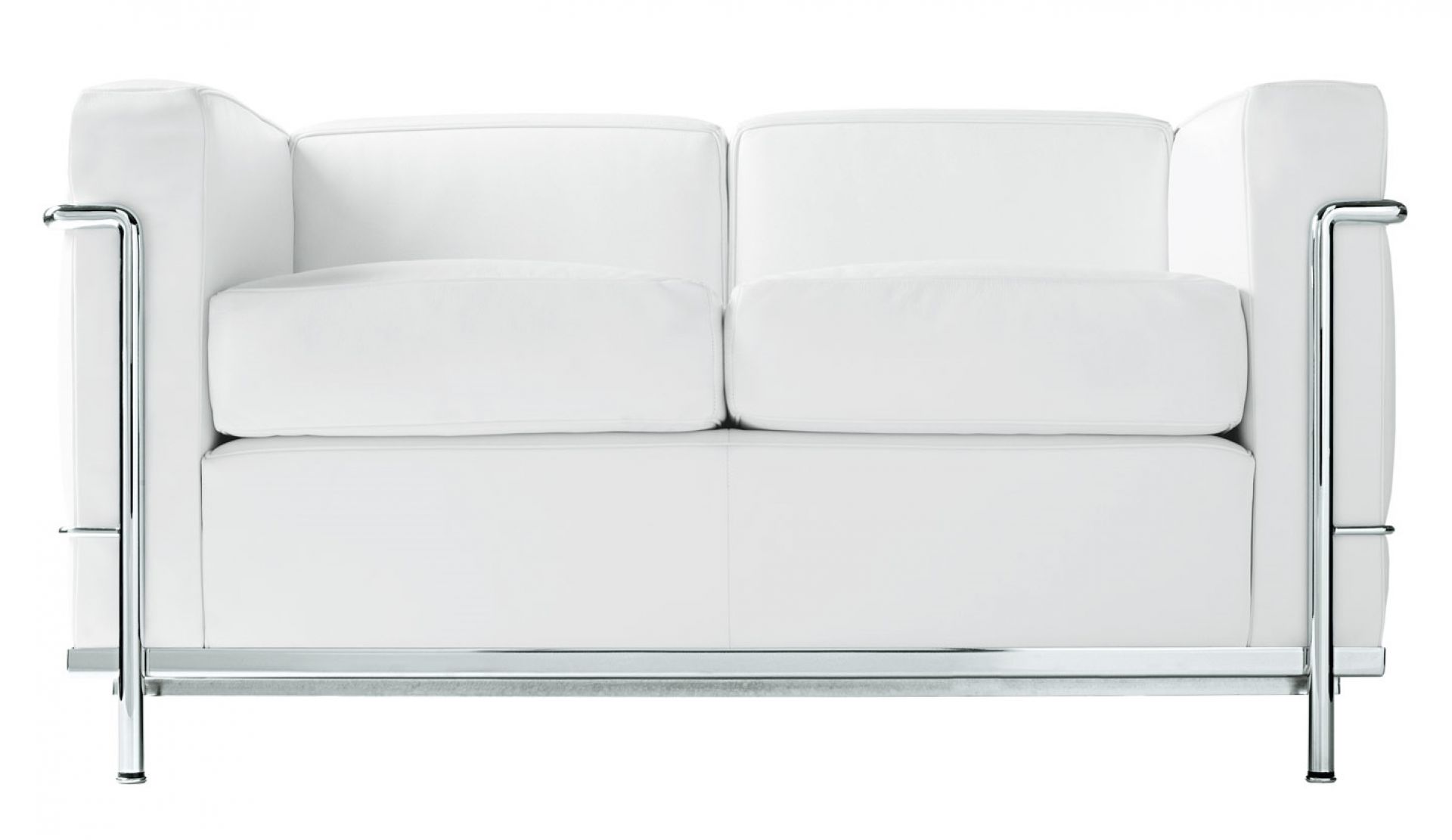 Weißes Cassina 2 Fauteuil Grand Confort Zweisitzer Sofa mit verchromtem Stahlrohrgestell.