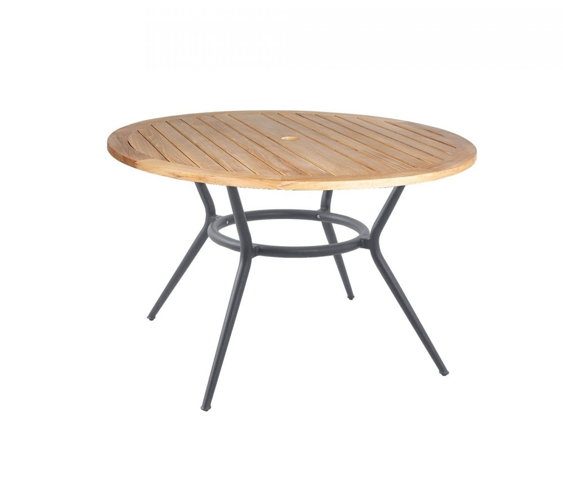 Joy Outdoor Esstisch von Cane-Line: Runder Teakholztisch mit hellgrauem Gestell für den Garten.