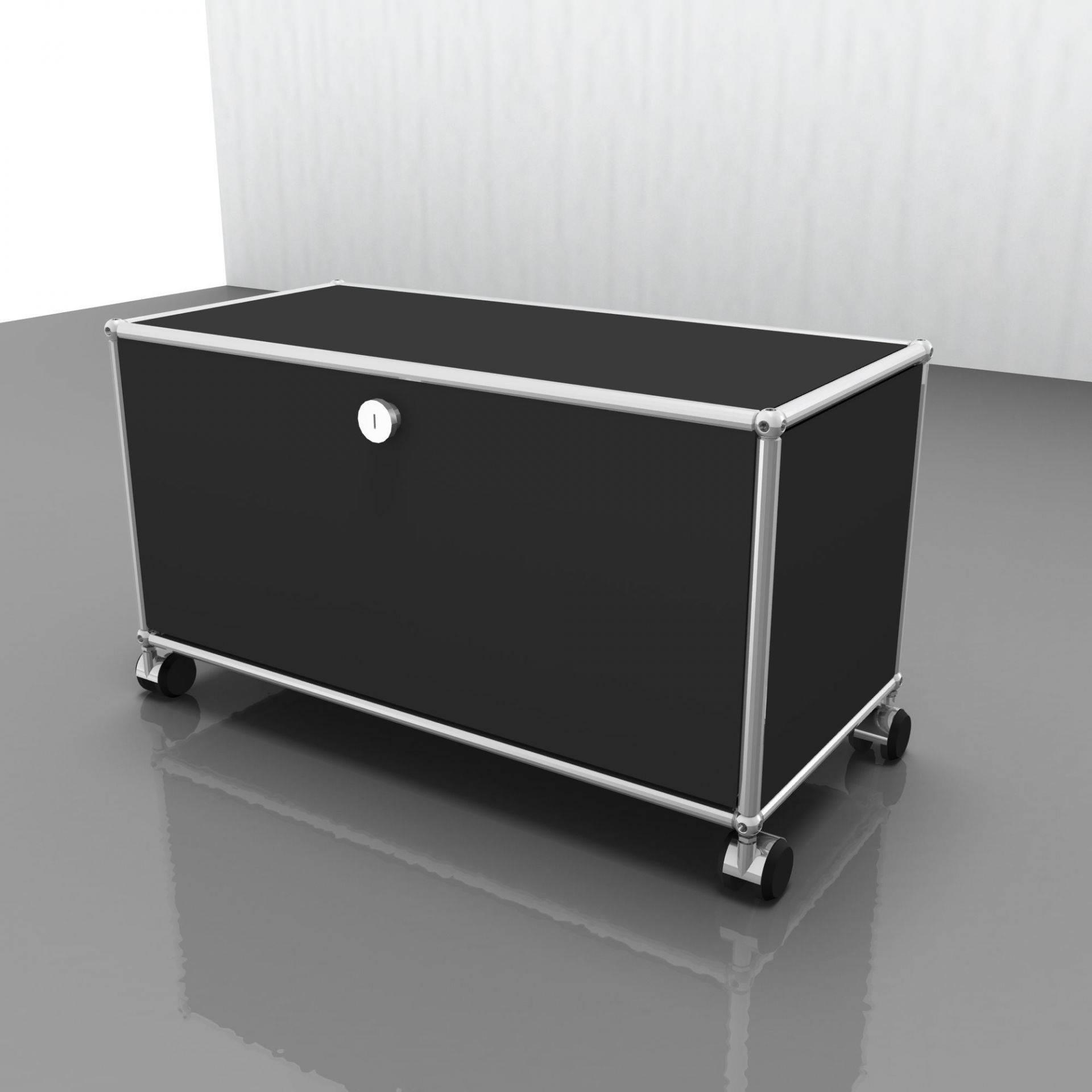 Anthrazitgraues USM Haller TV-Möbel mit Rollen und abschließbarer Tür, modernes Hi-Fi-Möbel für Wohnzimmer.
