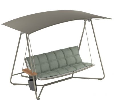 Reel Rocking Sofa: Bequeme Outdoor Schaukel mit Sonnendach und seitlichem Ablagetisch.