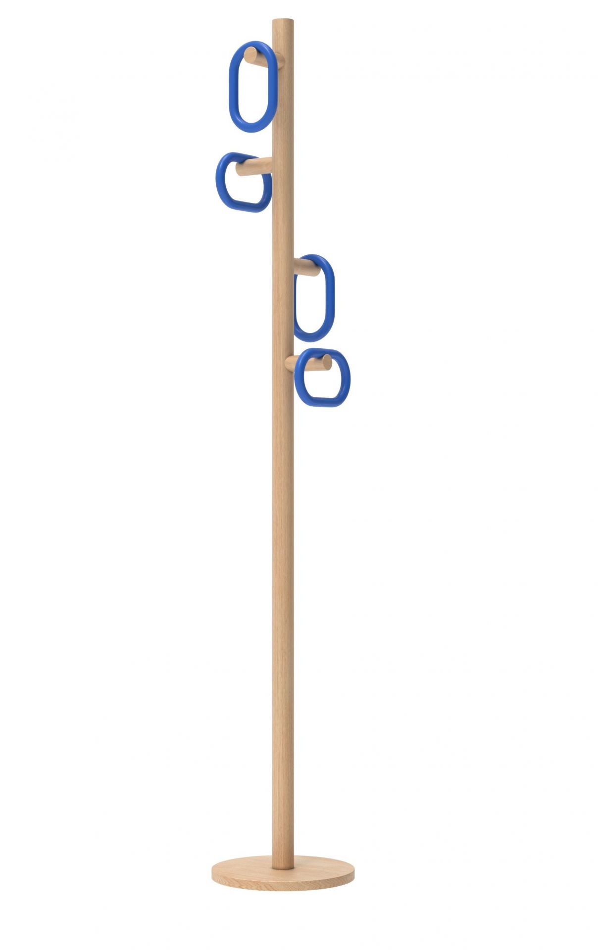 Fernand Coat Stand von Hartô: Freistehender Kleiderständer aus hellem Holz mit blauen Akzenten.