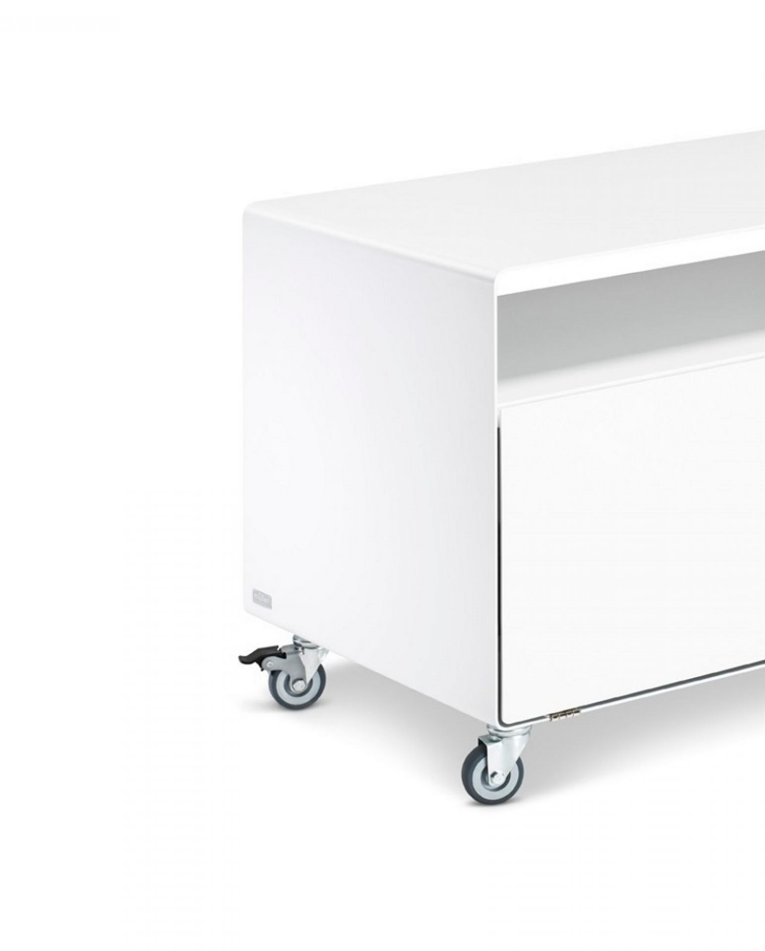 Weißes R109N Sideboard von Müller Möbelfabrikation mit Schublade und Industrierollen, modernes Möbelstück.