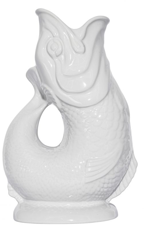 Weiße Gluckigluck Karaffe in Fischform, XL Größe. Keramikvase für Wasser, Saft oder als Deko.