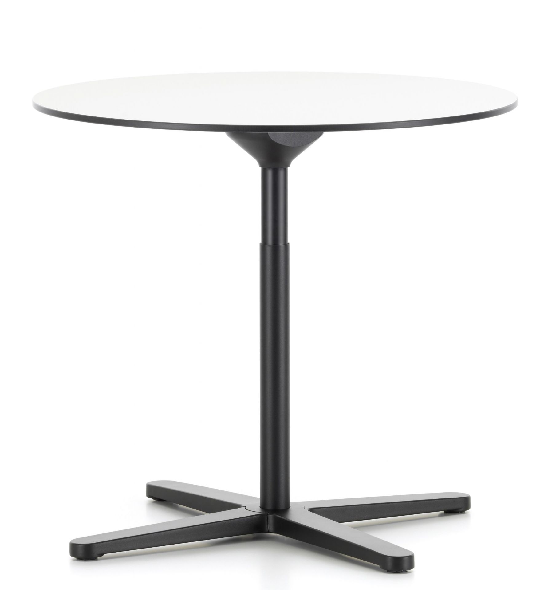 Weißer, runder Vitra Super Fold Table Faltbarer Tisch mit schwarzem Fuß auf weißem Hintergrund.