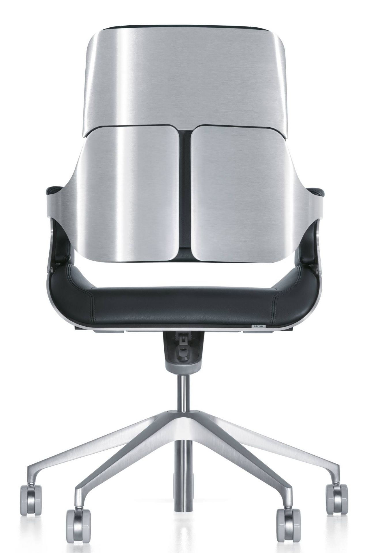 Rückansicht: Silver SV10P Bürostuhl Interstuhl, mittelhoch, silberfarbenes Gestell, schwarzer Sitz, ergonomisch.