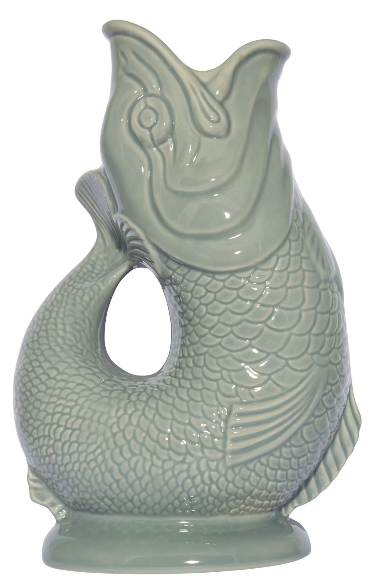 Gluckigluck Karaffe in Salbeigrün XL: Keramik Wasserkrug in Fischform, dekorative Vase für Blumen.