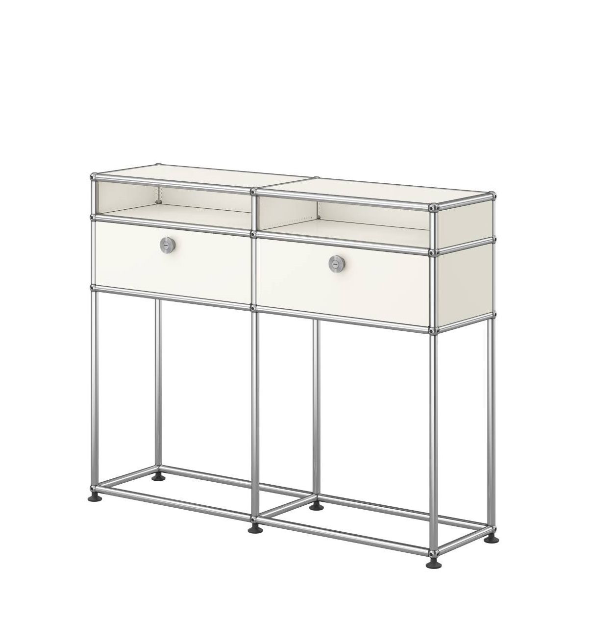 USM Haller Sideboard in Reinweiß mit zwei Schubladen und verchromtem Gestell.