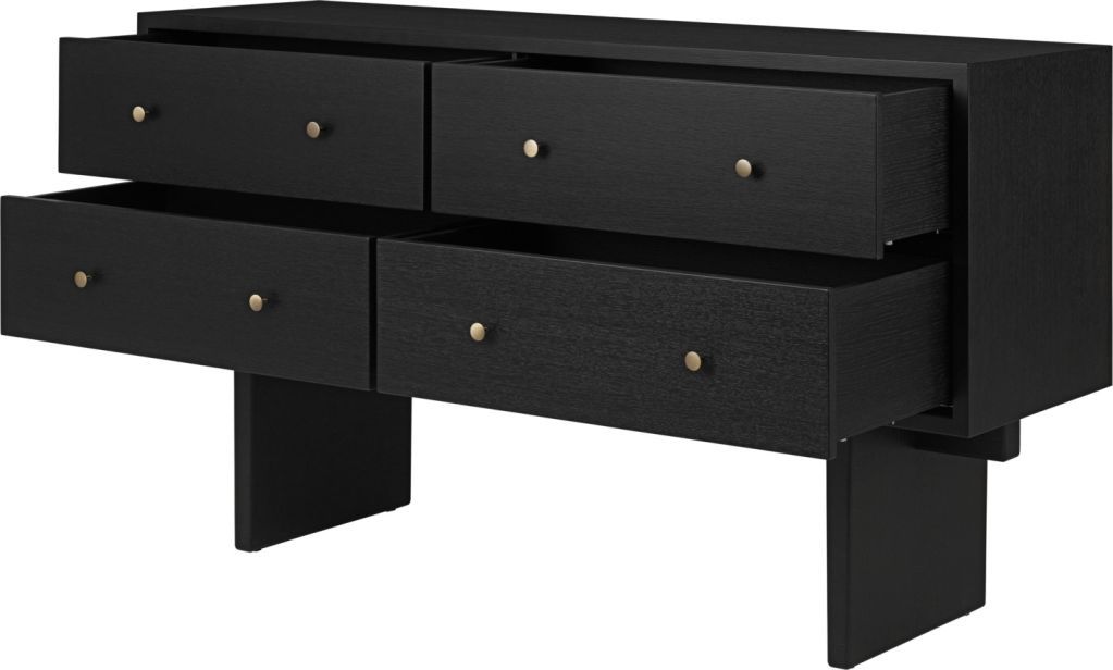 Gubi Private Sideboard: Braunes Eichenfurnier, schwarz gebeizt, mit vier Schubladen und Messinggriffen.