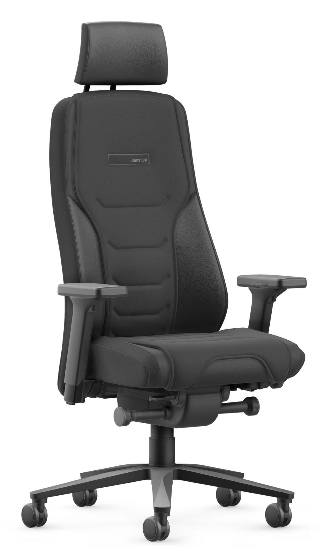 Twentyfour is5 Drehsessel von Interstuhl mit Kopfstütze in Schwarz, ergonomischer Bürostuhl für komfortables Sitzen.