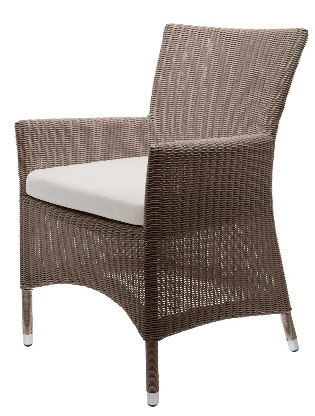 Bild eines braunen Outdoor-Sessels mit weißem Sitzkissen, passend für Jan Kurtz Poesie Sessel.