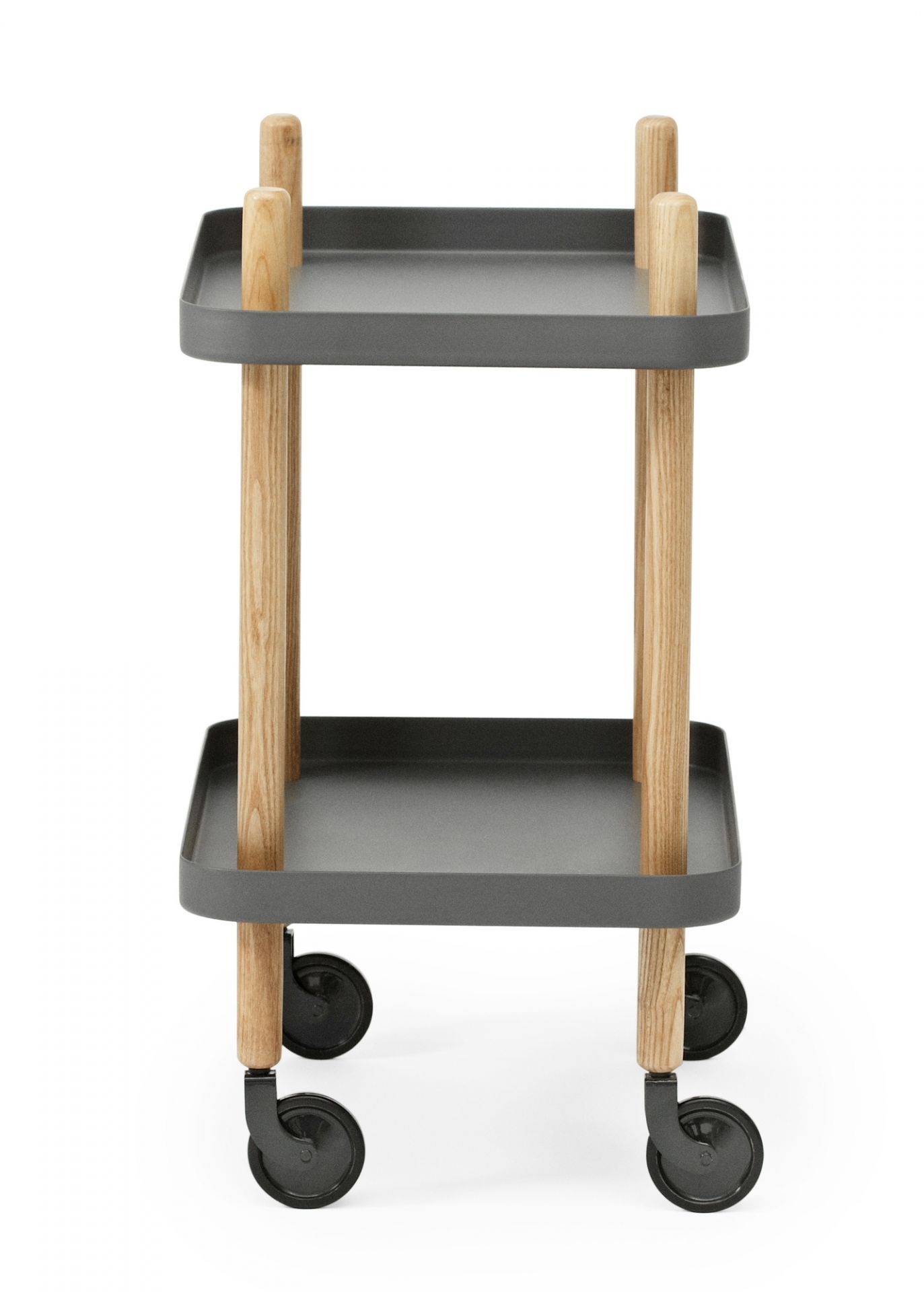 Dunkelgrauer Normann Copenhagen Block Table Servierwagen mit zwei Ablagen und Rollen.