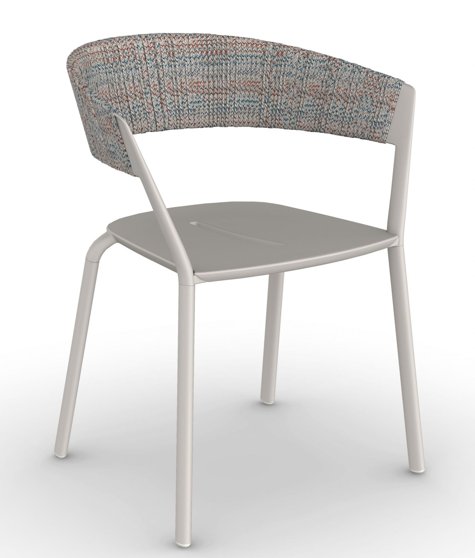 Ria Stuhl mit grauem Gestell und gemusterter Rückenlehne. Moderner Stuhl für Esszimmer und Wohnbereich.