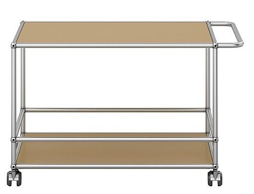 Beiger USM Haller Servierwagen mit zwei Ablageflächen und Rollen, ideal als Barwagen oder Beistelltisch.