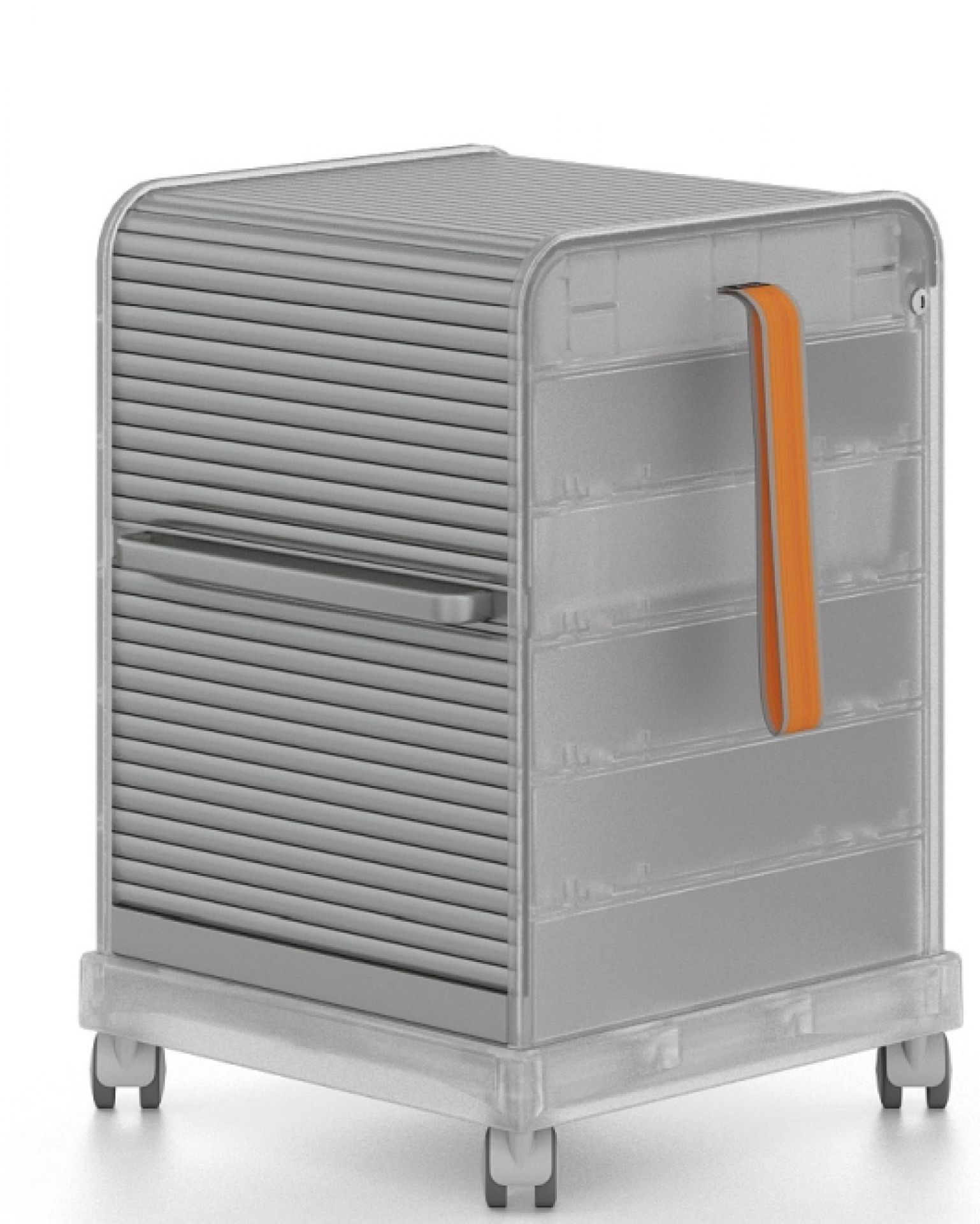 Grauer Vitra Rollcontainer "Follow Me" mit Rollladen und orangefarbenem Griff, auf Rollen. Bürocontainer für flexible Arbeitsplätze.