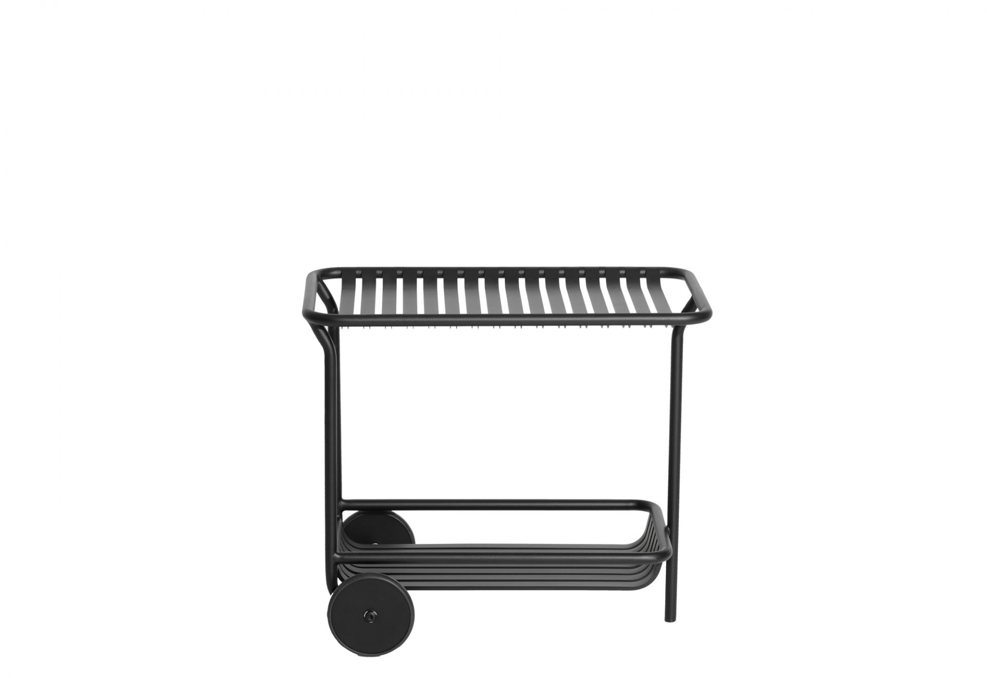 Schwarzer Petite Friture Servierwagen Trolley für den Outdoor-Bereich mit zwei Ablageflächen und Rädern.