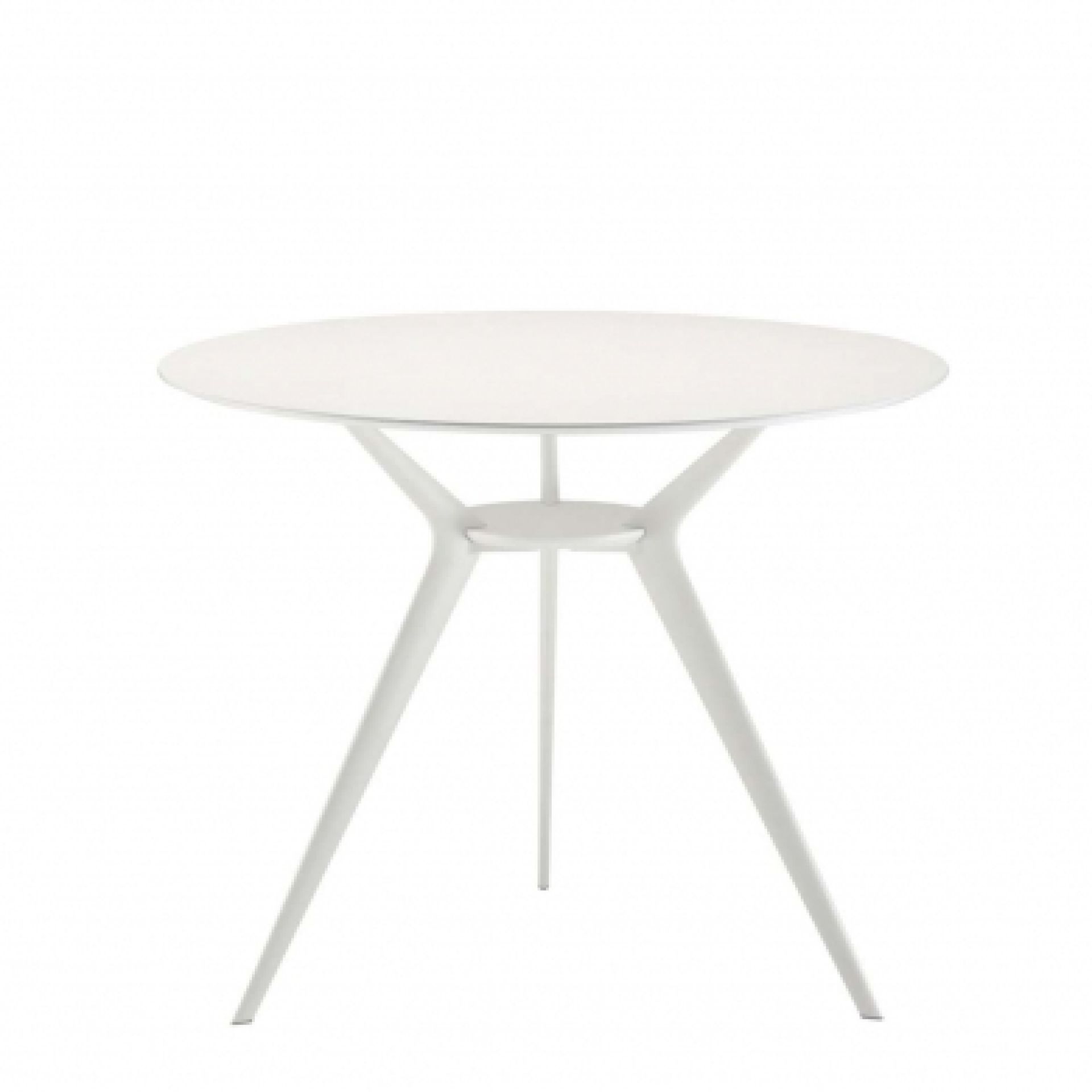 Weißer Biplane Outdoor Tisch mit rundem Design und drei Beinen.