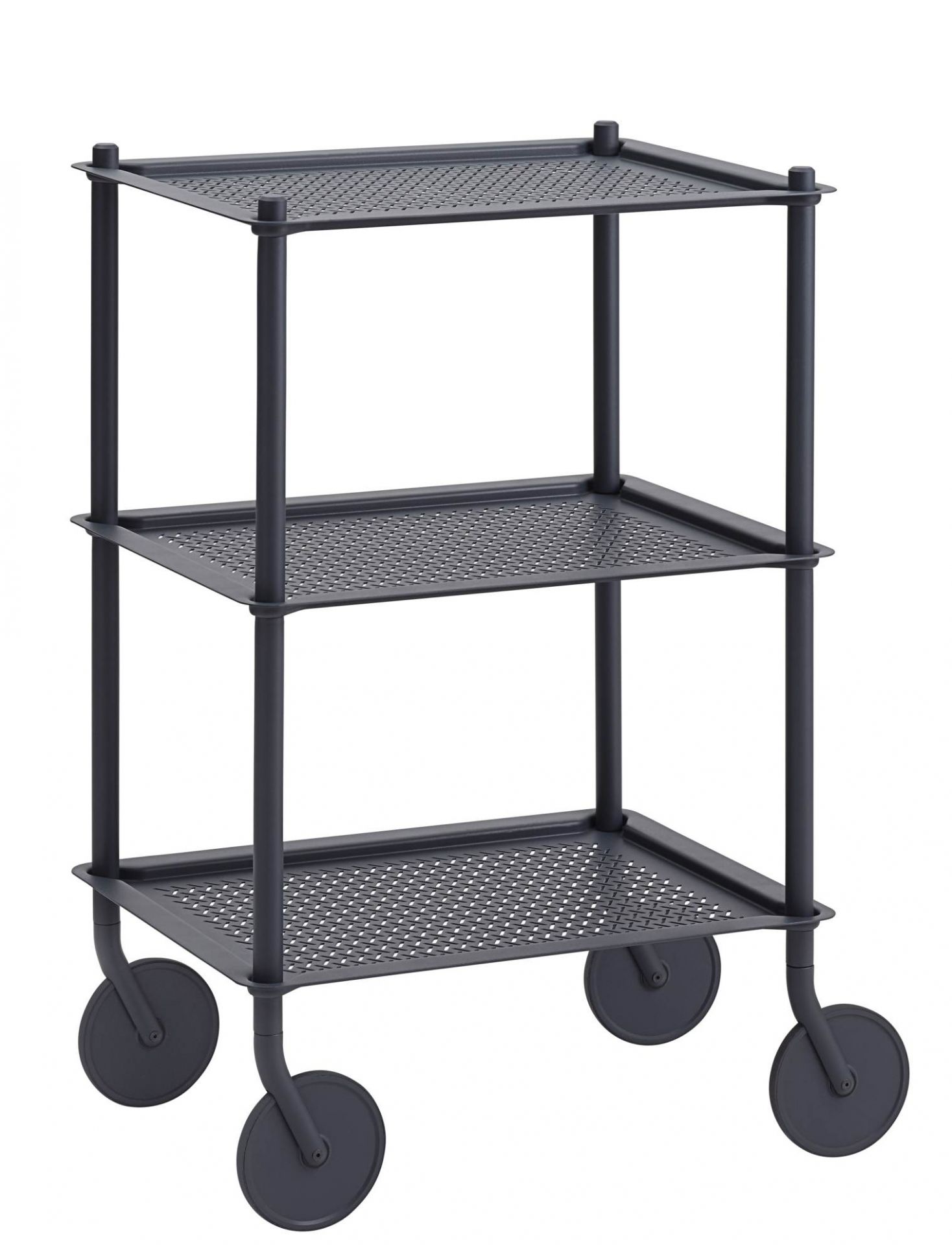 Muuto Flow Trolley Servierwagen mit drei Ablageflächen und Rollen, modernes Möbeldesign für Küche und Wohnzimmer.