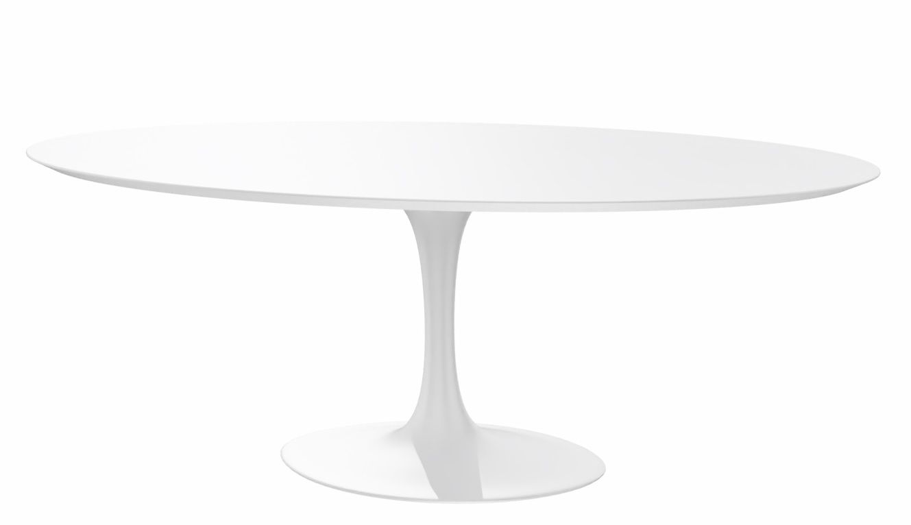 Weißer Saarinen Esstisch oval von Knoll International mit zentralem Fuß, modernes Design für Esszimmer.