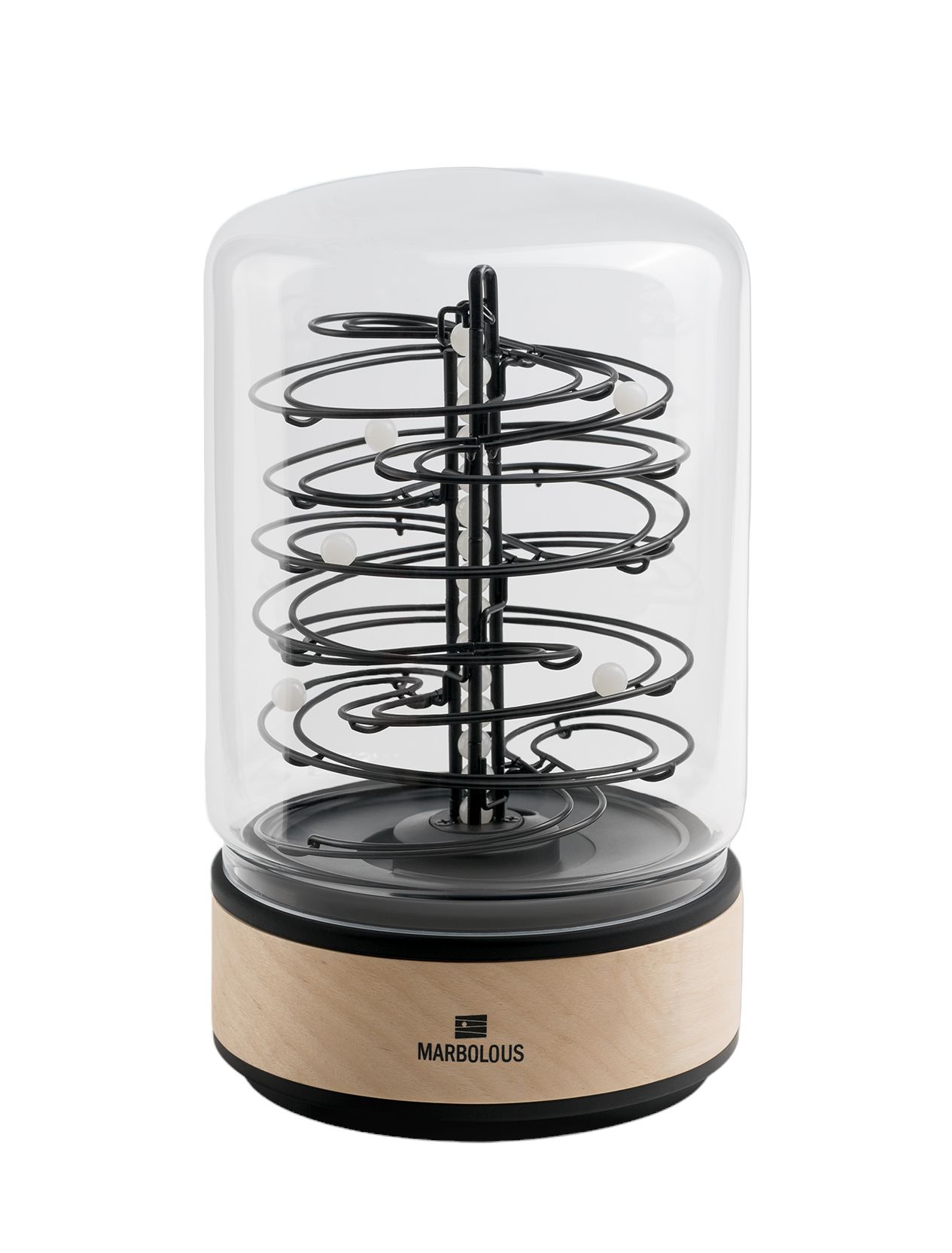 ElectRoll Classic Birch Kugelbahn mit USB-C Kabel unter Glasglocke auf Holzsockel.