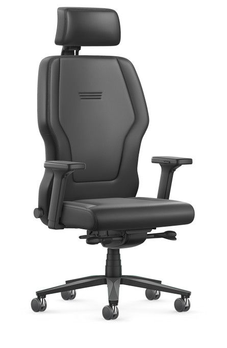 Schwarzer XXL Interstuhl Schwerlaststuhl XL113 mit hoher Rückenlehne und Kopfstütze für ergonomisches Sitzen.