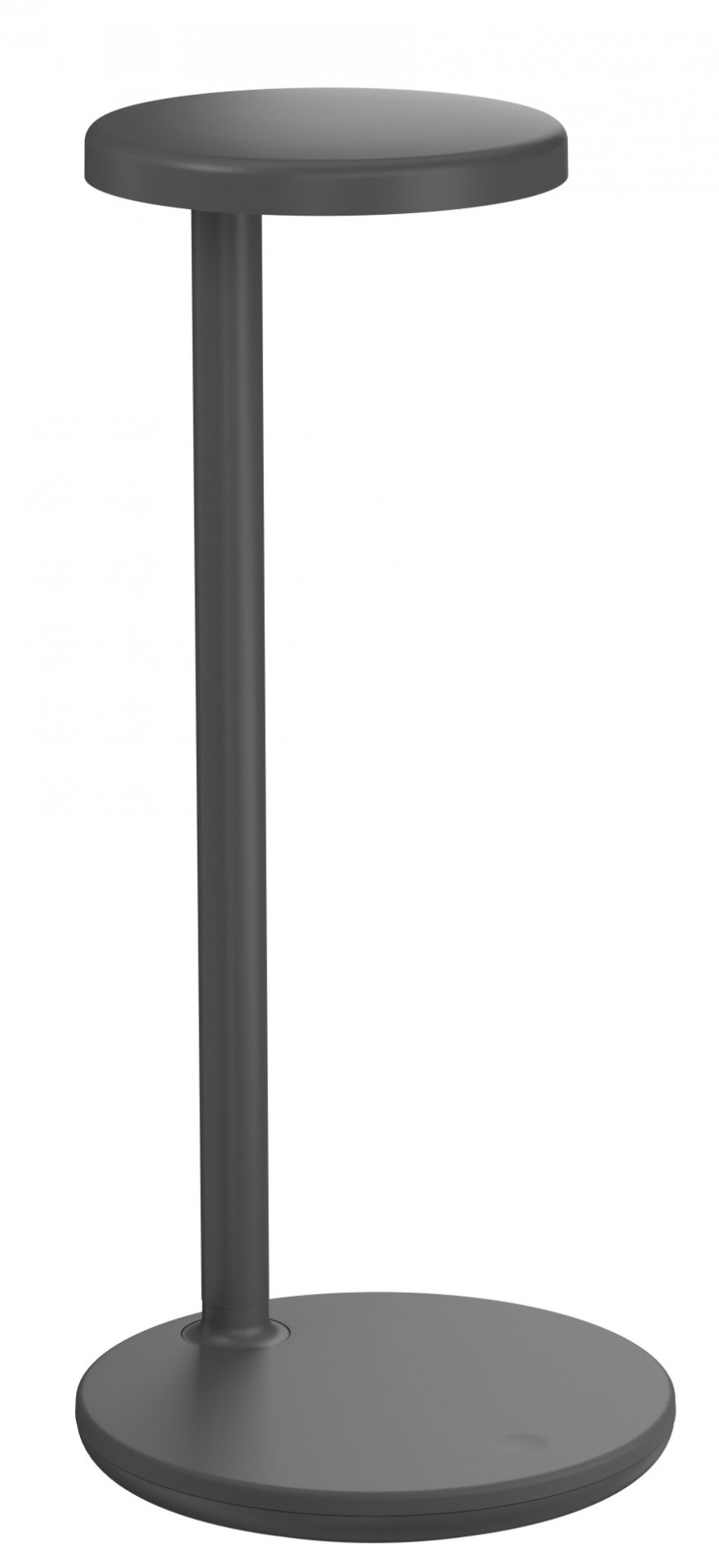 Graue Oblique Qi Tischleuchte von Flos, moderne LED Lampe mit runden Formen für Nachttisch oder Schreibtisch.