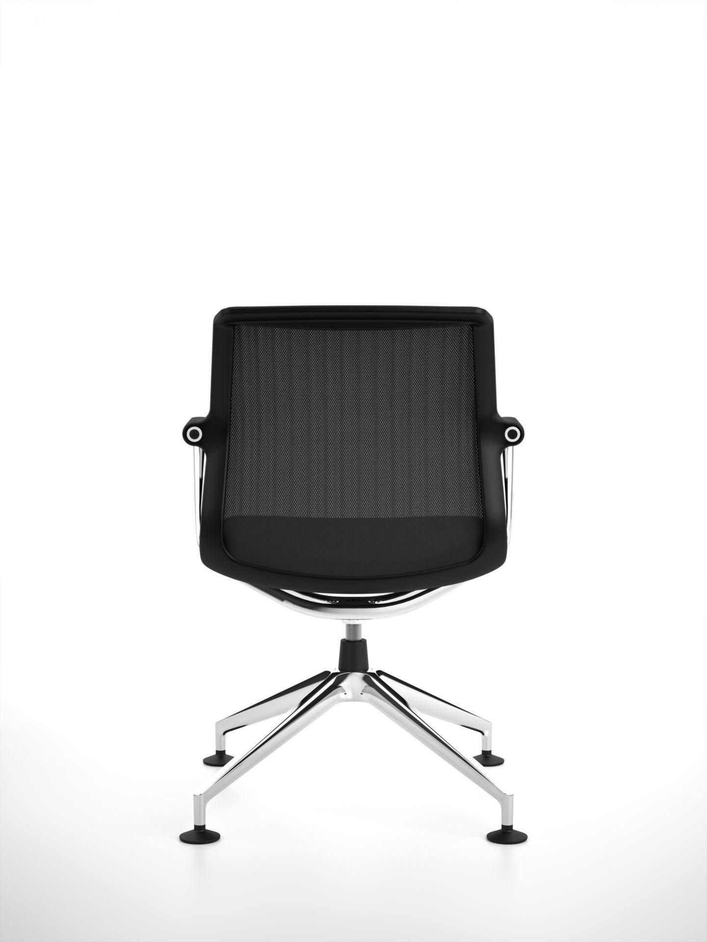Vitra Unix Chair Bürostuhl mit Viersternfuß und schwarzer Netzrückenlehne, Ansicht von vorne.