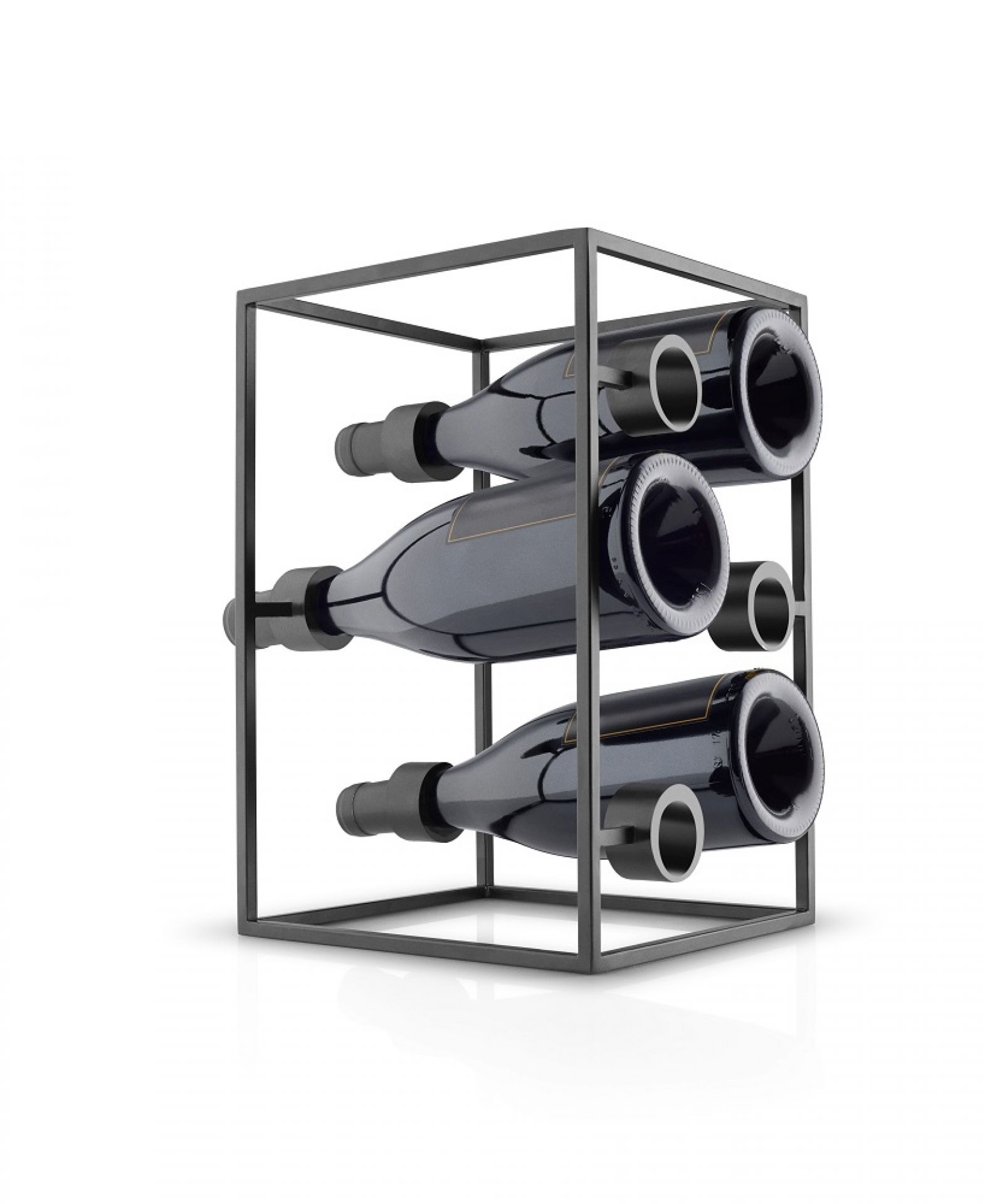 Nordic Wine Cube Weinregal: Moderner, schwarzer Würfel zur Aufbewahrung von drei Weinflaschen.