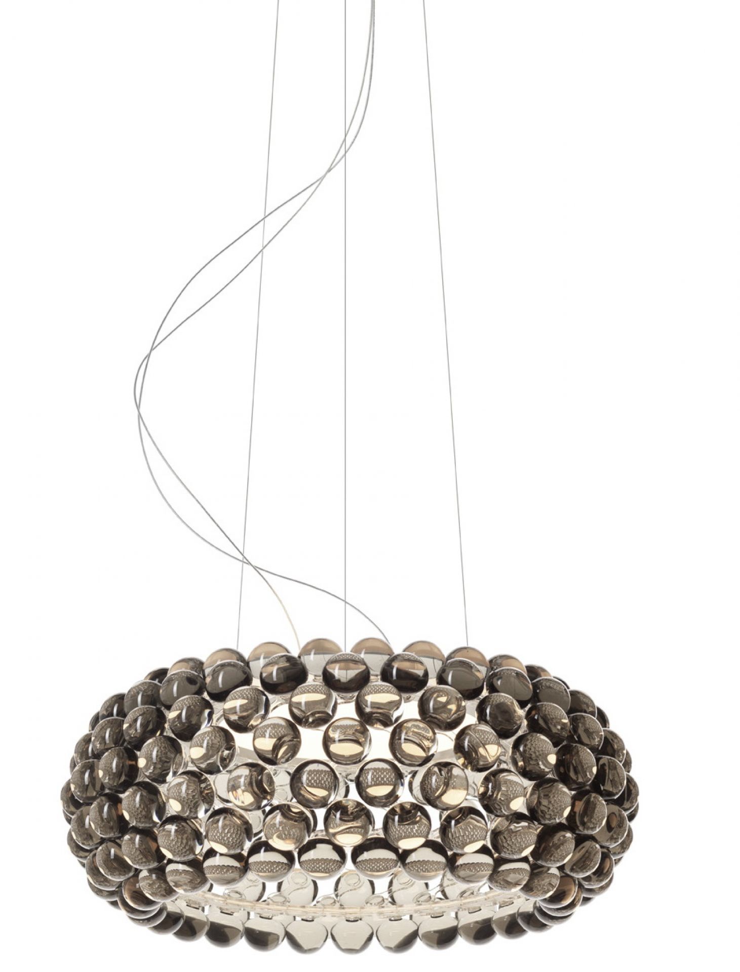 Graue Caboche Media Pendelleuchte von Foscarini mit LED-Beleuchtung, bestehend aus vielen transparenten Kugeln.