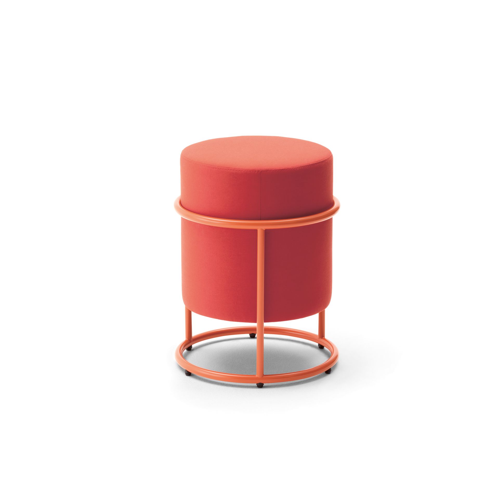 Roter Drop Hocker mit orangefarbenem Metallgestell, Durchmesser 36 cm. Moderner Sitzhocker für Wohnzimmer und Büro.