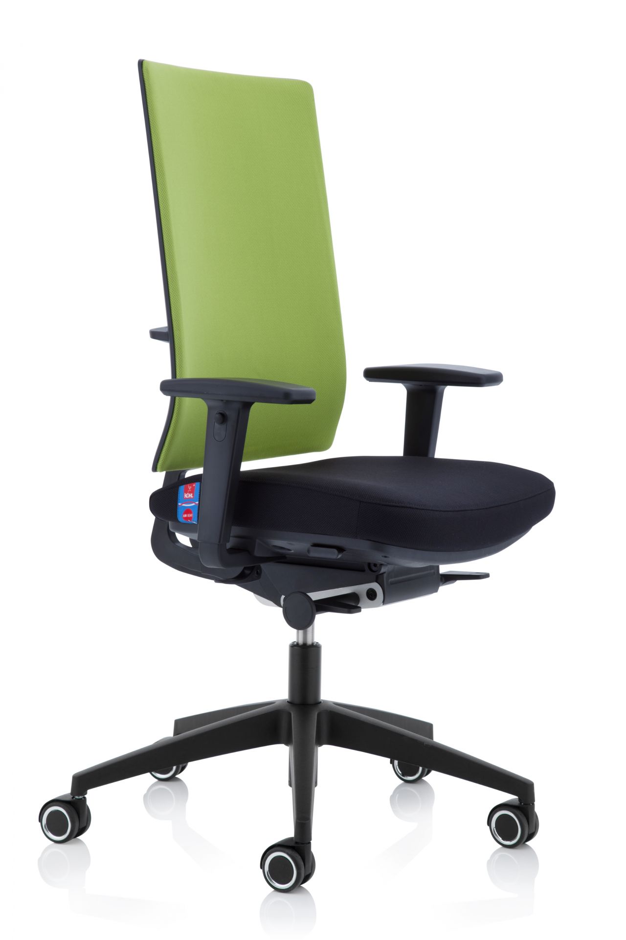 Anteo Up Bürostuhl von Köhl mit grüner Rückenlehne und schwarzer Sitzfläche, ergonomischer Drehstuhl.