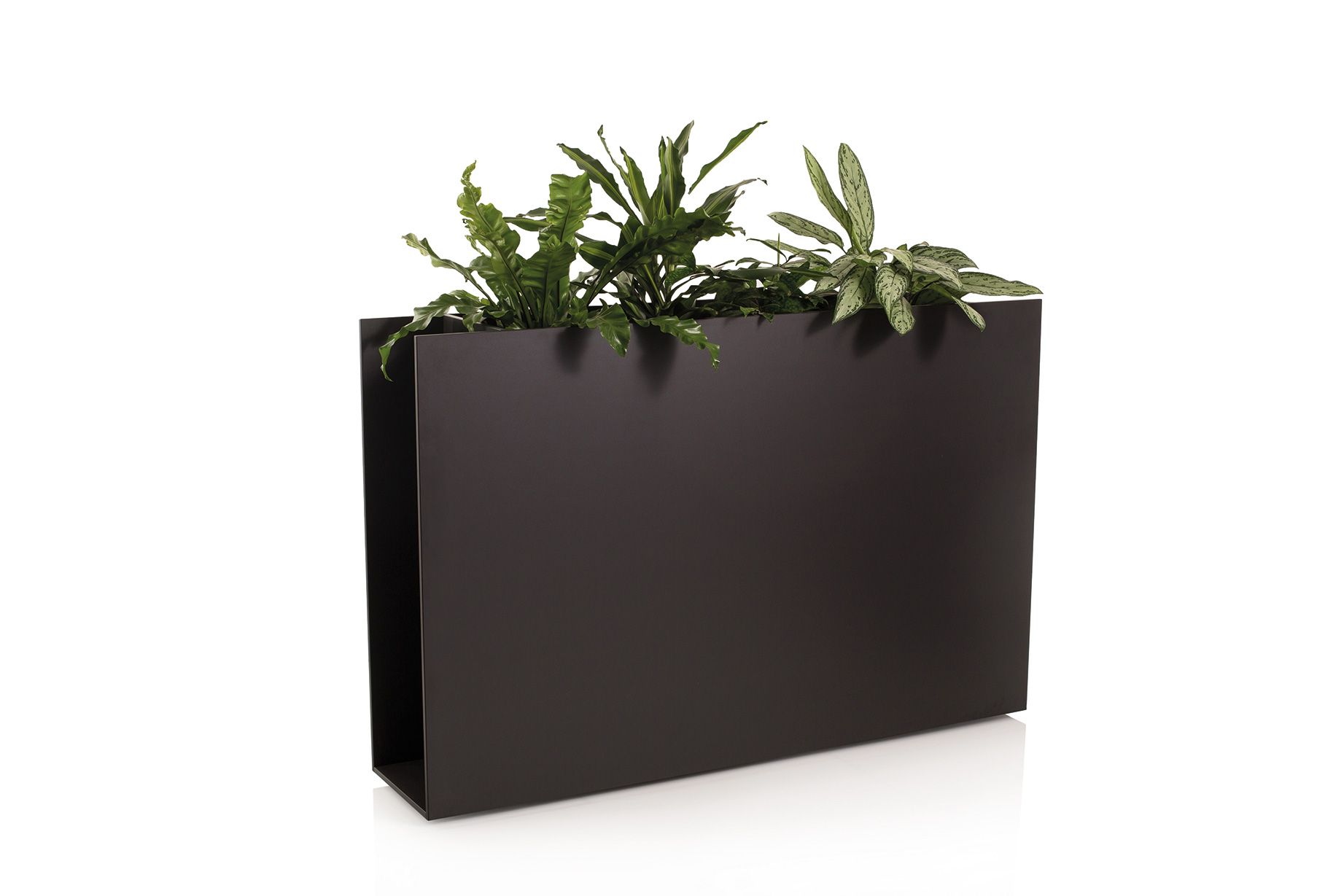 Sotomon Pflanzgefäß in Taupe von Conmoto, rechteckiger Blumenkübel mit grünen Pflanzen.