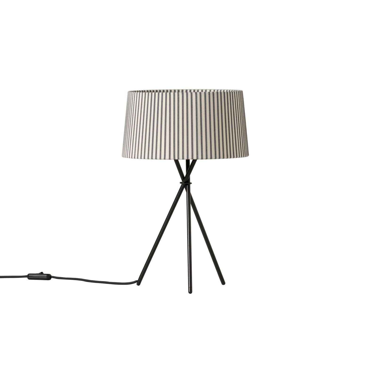 Tripode M3 Tischleuchte Bretona Stripes von Santa & Cole mit schwarzem Stativfuß und gestreiftem Lampenschirm.