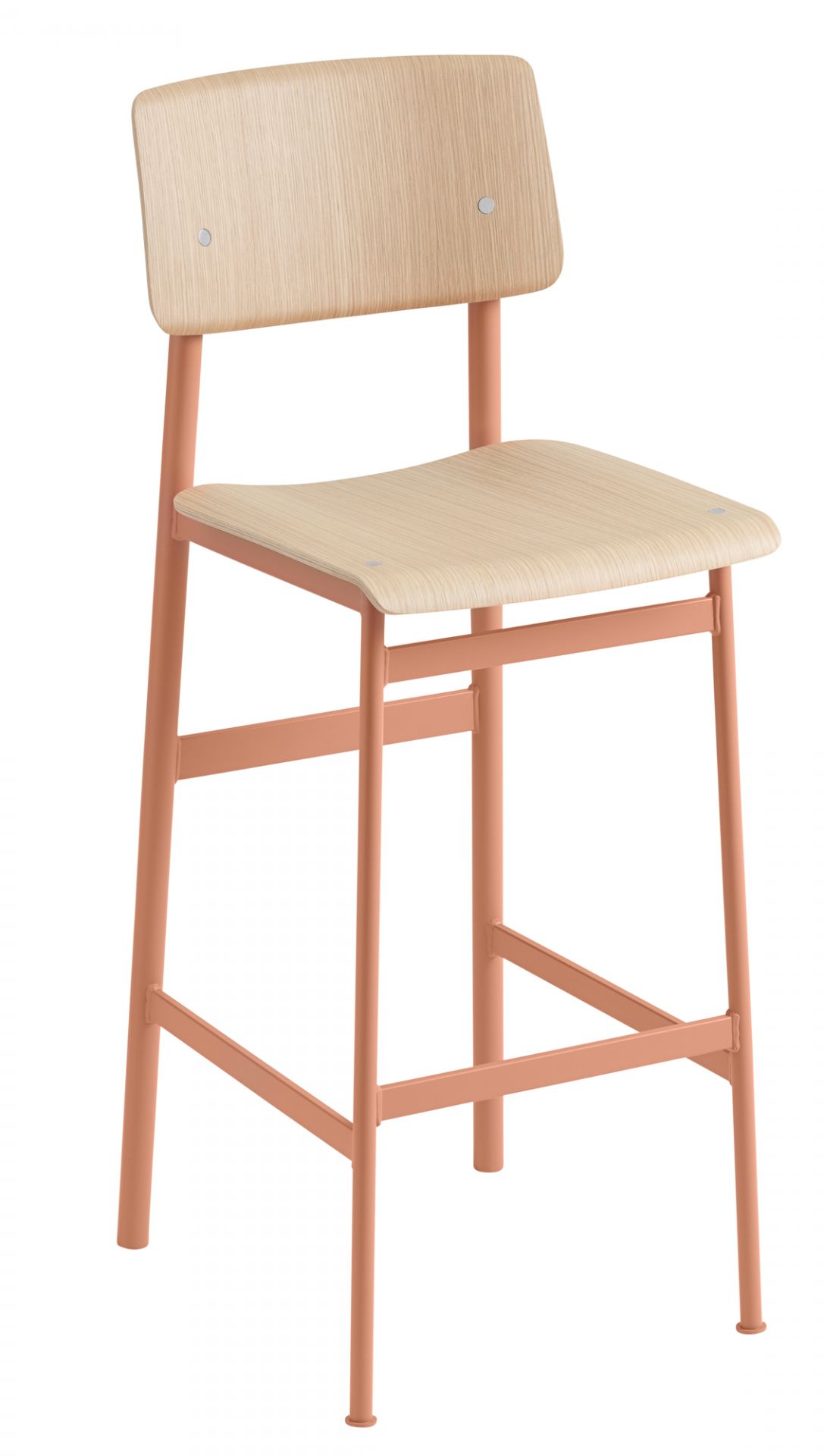 Loft Counter Stool Barhocker von Muuto, H 75 cm, Holz und farbiges Metallgestell.